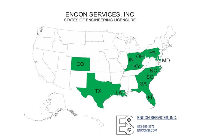 Map of U.S. states where Encon Services Inc. holds engineering licensure